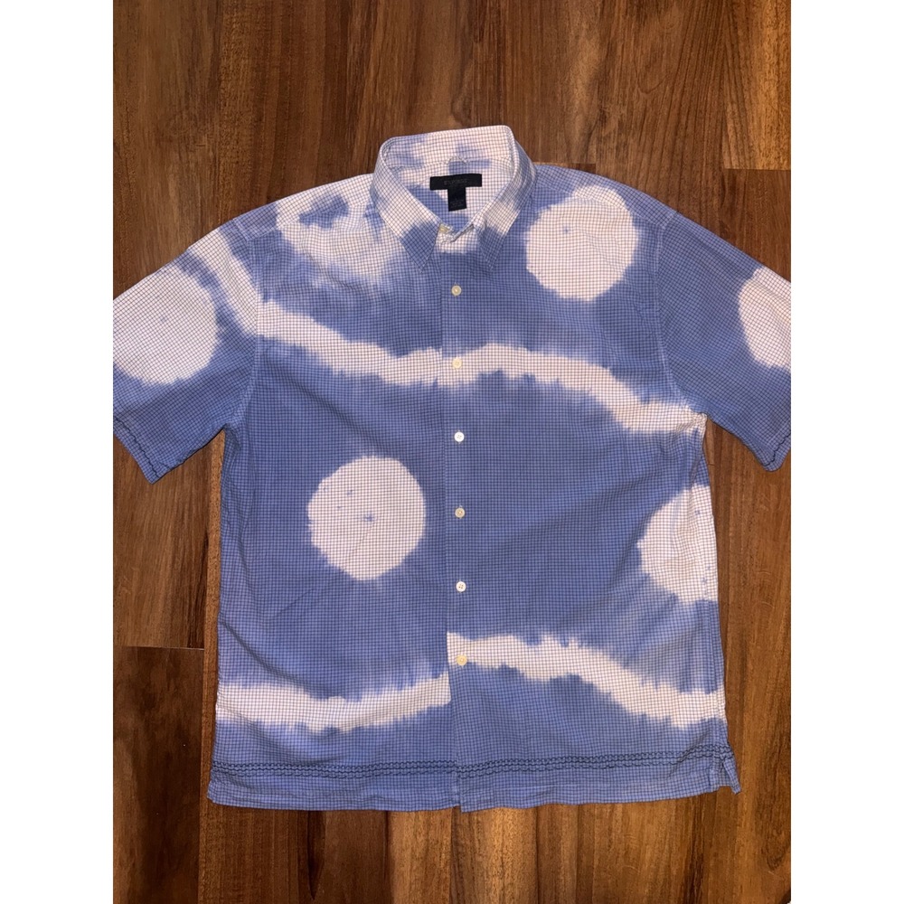 Vintage Express Mens Large Blue White Tie Dye Cotton Short Sleeve Button‎ Shirt